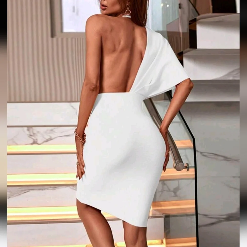 Women's Fashion Spring Summer Sexy Elegant White Halter Backless Bodycon Bandage - Picture 3 of 8